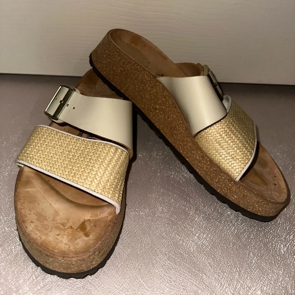 Birkenstock papillio Women's Cream and woven Two-Strap Slide Sandals 39